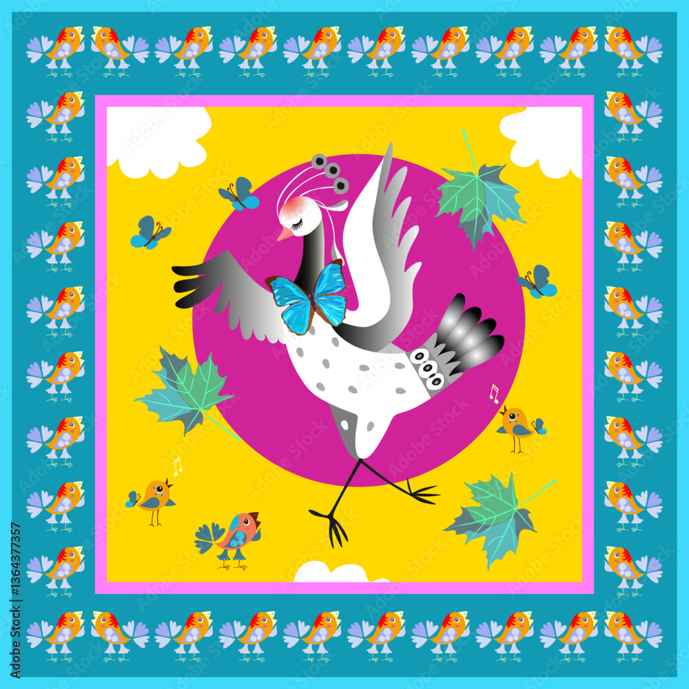 Fototapeta premium Dancing cute cartoon crane against the sun in a beautiful decorative frame with small birds. Pattern for a pillow, handkerchief, napkin, rug. Children's design.