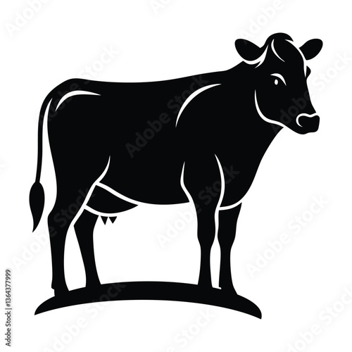 Black silhouette of a cow standing on a white background, perfect for farm and livestock design