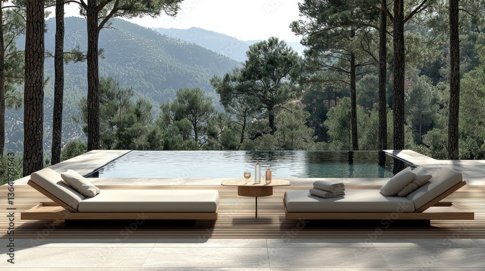 Fototapeta premium Serene pool scene with loungers overlooking mountains and lush green trees