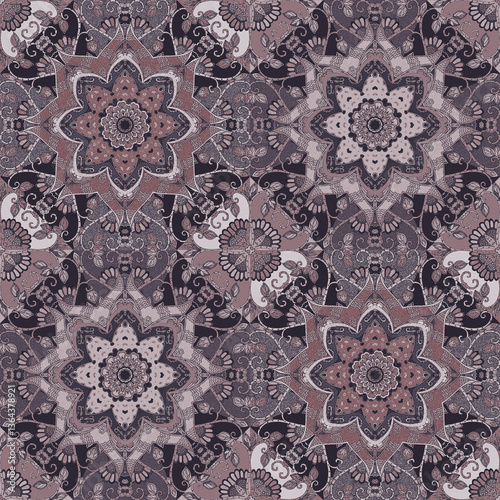 Beautiful seamless pattern in ethnic style. Mandalas and lace background in cocoa powder color.