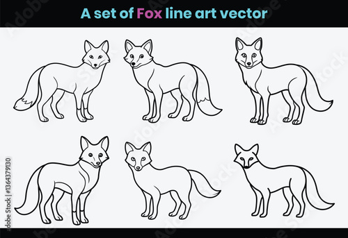 A set of cartoon Fox animals line art vector.