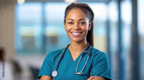 Free Download Confident and Caring Nurse in Scrubs with Stethoscope Smiling at Camera in Modern Healthcare Setting - GFXLoad