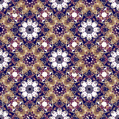Seamless print for tablecloth, fabric, linoleum. Ethnic patchwork pattern with mandalas of flowers and leaves in milky, caramel, chocolate and indigo colors.