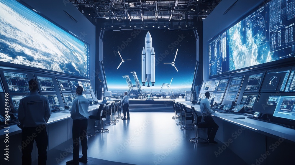 A futuristic spaceport with engineers preparing a reusable rocket for launch, advanced aerospace facility with massive control screens, High-tech style