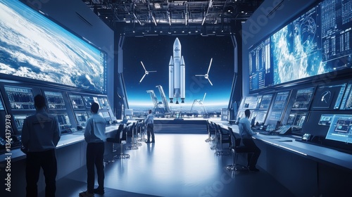 Obraz na płótnie A futuristic spaceport with engineers preparing a reusable rocket for launch, advanced aerospace facility with massive control screens, High-tech style w salonie
