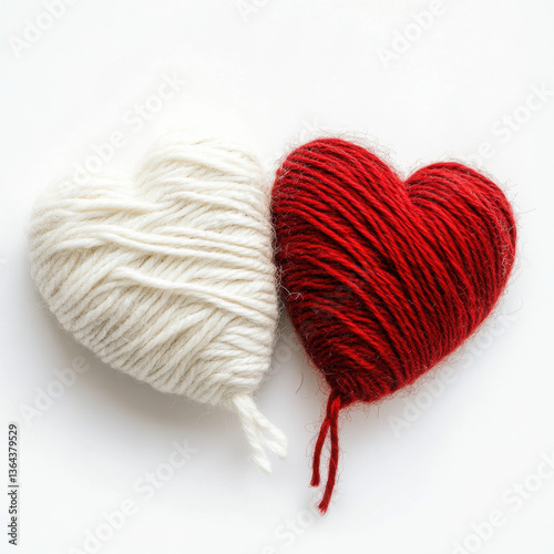 A colorful heart made of yarn and thread with knitting, crochet, and textile elements, featuring a blend of red, blue, and white wool balls, showcasing a handmade craft pattern photo