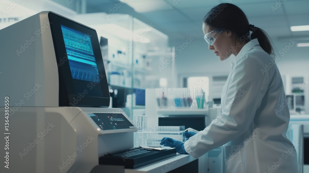A geneticist analyzing DNA sequencing data, high-tech lab with DNA samples and sequencing machines, High-tech style A geneticist analyzing DNA sequencing data, high-tech lab with DNA samples and sequencing machines, High-tech style