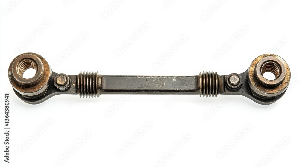 A metallic mechanical rod with screws and threaded holes shown A metallic mechanical rod with screws and threaded holes shown