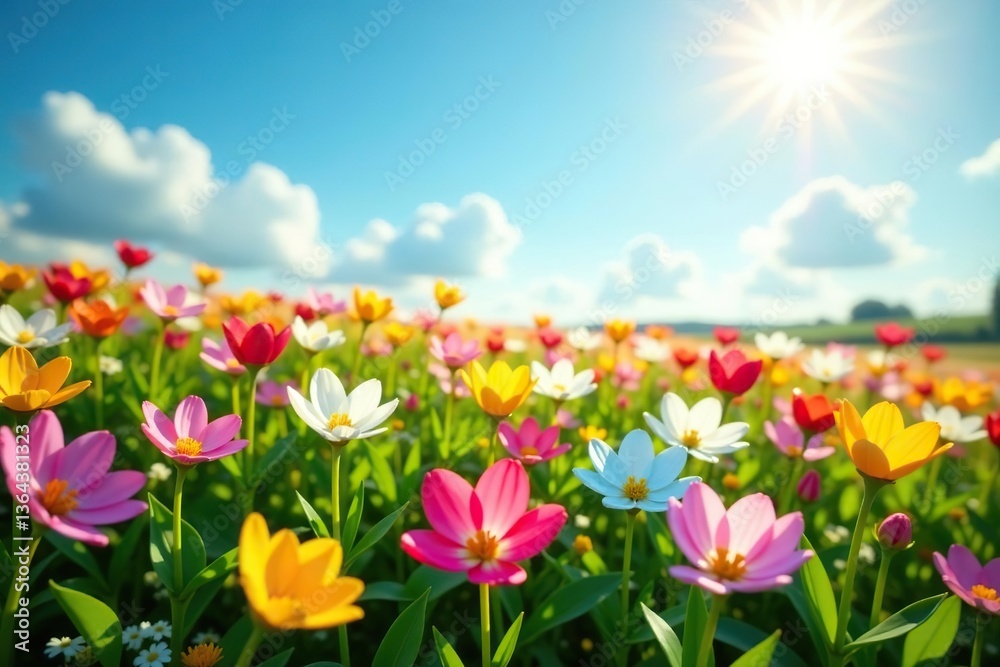 Fototapeta premium Colorful flowers blooming in a vibrant field under the bright sun, field, landscape