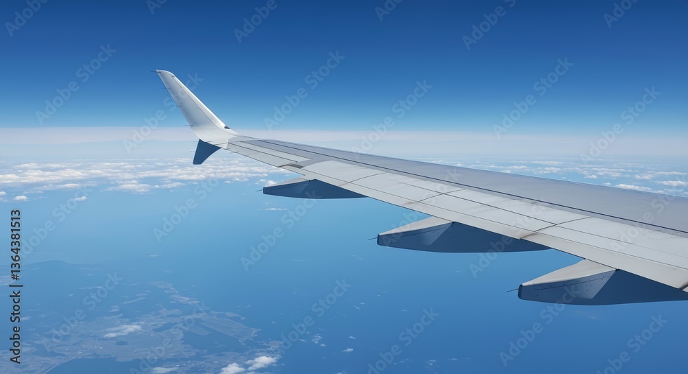 Airplane wing soaring above clouds against clear blue sky Airplane wing soaring above clouds against clear blue sky