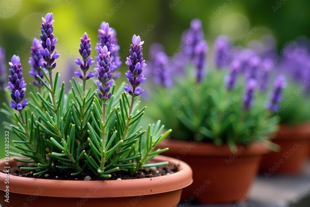 Fototapeta premium Close-up of rosemary plants with purple flowers in terracotta pots, growth, terracotta pots