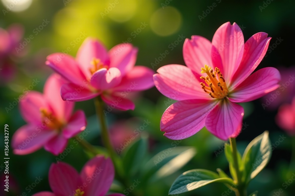 Fototapeta premium Closeup shot of vibrant pink flowers set against a lush garden backdrop, closeup, bloom