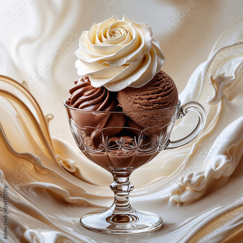 glace au chocolat avec de la chantilly représentant une rose