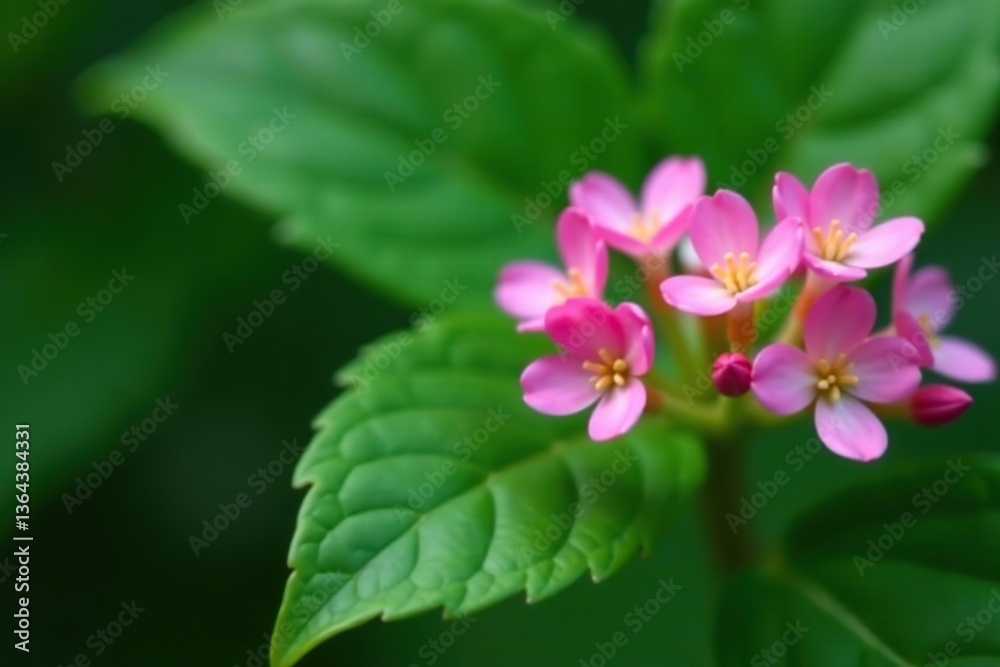 Close-up of tiny vibrant flowers blooming on a green leaf, bloom, growth Close-up of tiny vibrant flowers blooming on a green leaf, bloom, growth