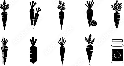 Vector black carrot, carrot meals icons set
