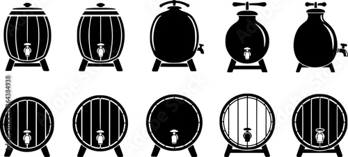 Vector black barrels icons set on white background. Barrel sign.
