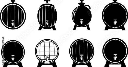 Vector black barrels icons set on white background. Barrel sign.
