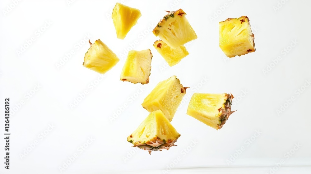 Naklejka premium Cubed Fresh Pineapple Pieces Floating Against A White Background