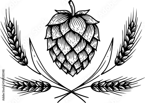 Vector grey hop and barley ear for brewing
