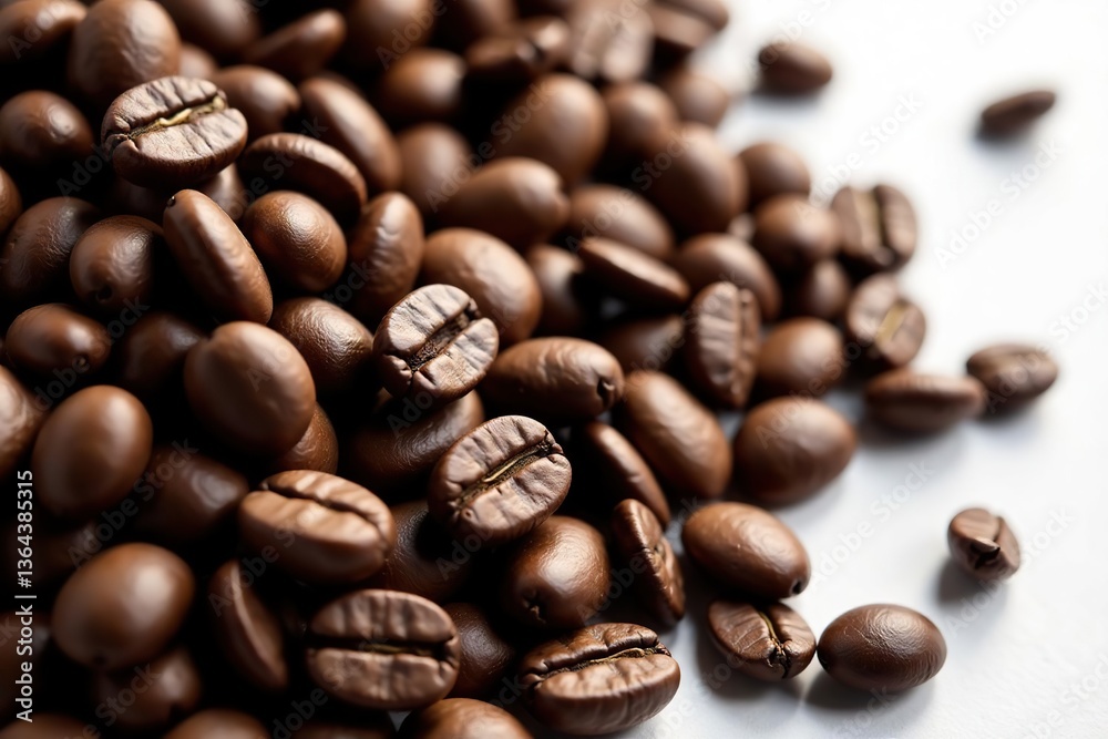 Fototapeta premium Close up view of freshly roasted coffee beans in varying shades of brown and black, caffeine, dark