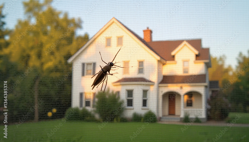Mosquito silhouette resting on window screen, mosquito season Mosquito silhouette resting on window screen, mosquito season