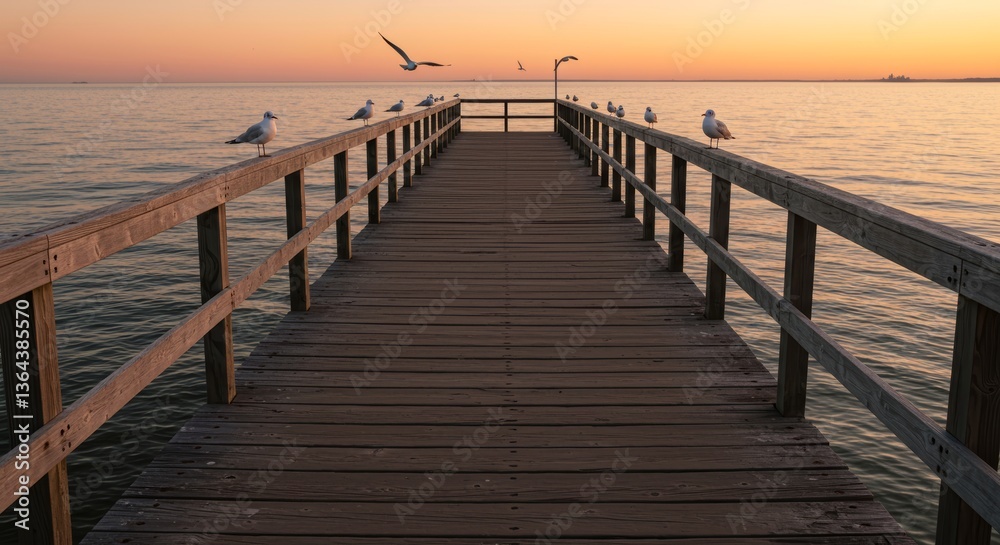 Fototapeta premium Pier at Sunset with Seagulls Over Calm Water 