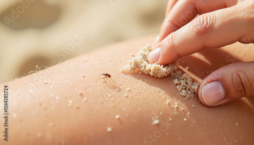 Person itching mosquito bite on sandy beach, summer discomfort