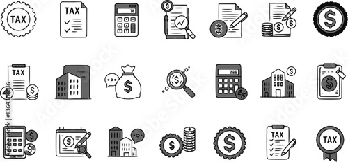 Vector black tax icon set. Tax Icon Object, Tax Icon Picture, Tax Icon Image - stock vector
