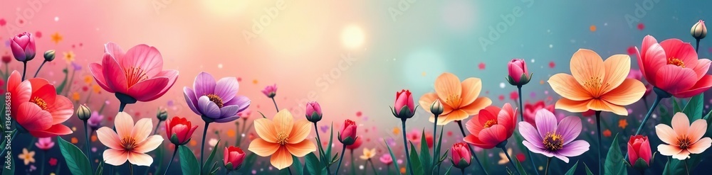 Fototapeta premium Colorful spring flowers blooming in a vibrant abstract background, garden, abstract