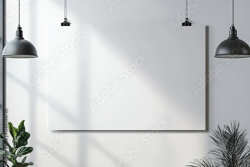 Vibrant Color Visual of Blank Panoramic Poster Hanging with Clips on a White Wall Mockup