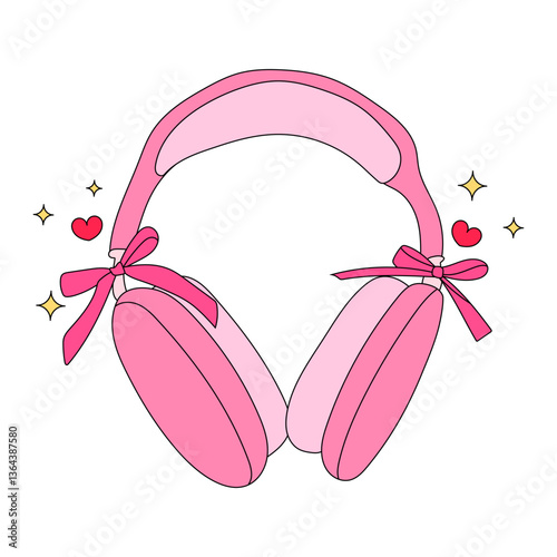 Pink Stylish Headphones with Decorative Ribbons and Heart Embellishments