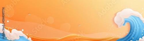 Majestic ocean wave at sunset, vibrant orange sky and golden light reflecting on water