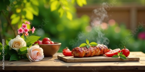 Garden barbecue setup with wooden table, flower decorations, and blurred background,  relaxing,  outdoor