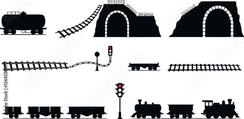 Vector black railroad icon set. Railroad Icon Object, Railroad Icon Picture, Railroad Icon Image - stock vector

