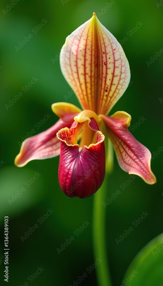 Fototapeta premium Closeup of vibrant Lycaste macrophylla orchid flower on a blurred green background, elegant, tropical