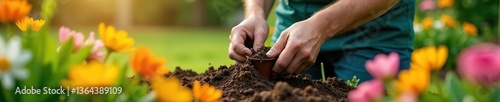 Gardener potting up colorful spring flowers in the garden,  flowers,  gloves