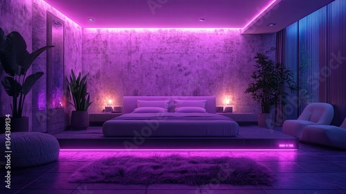 A modern bedroom with futuristic decor and vibrant purple lighting