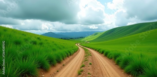 Dirt road winding through lush green landscapes under a cloudy sky,  landscapes,  winding