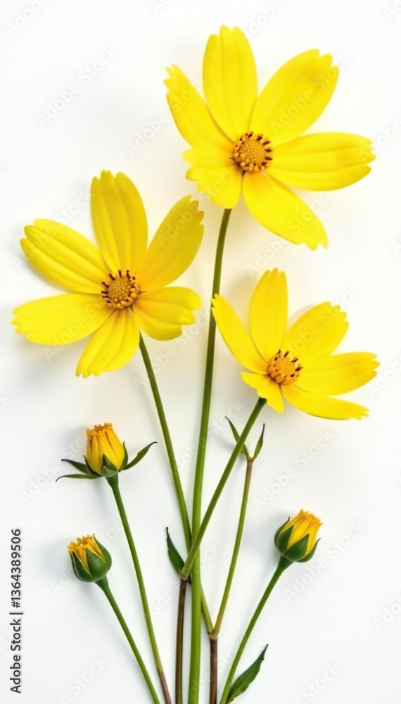Obraz premium Collection of isolated yellow flowers cosmos bloom on white background, delicate, blooming