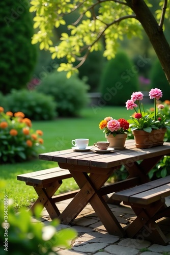 Garden scene with wooden table, flowers, coffee cups, potted plants, bench,  nature,  relaxing