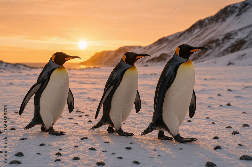 Obraz premium Three Emperor Penguins Walking in Snow at Sunset