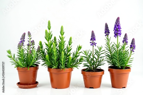 Collection of rosemary plants and purple flowers in pots on a white background,  purple flowers,  collection