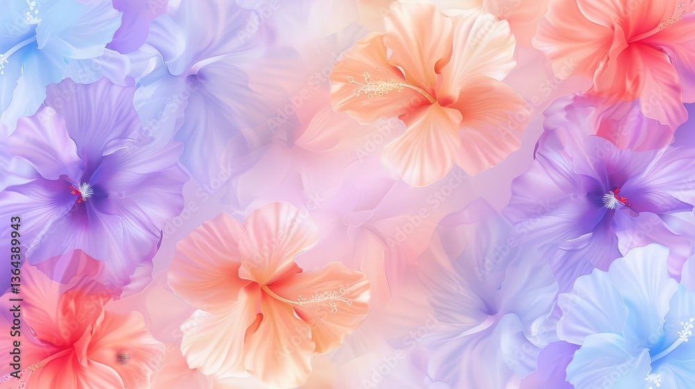 Obraz premium The image displays a soft, dreamy arrangement of hibiscus-like flowers in pastel shades of pink, purple, orange and blue, creating a floral watercolor effect.