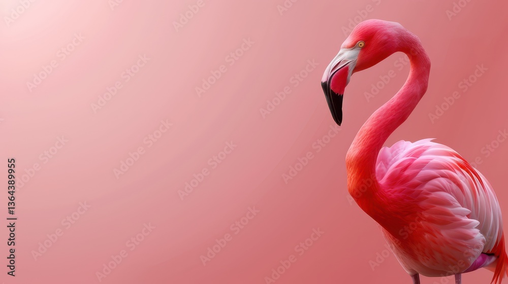 Fototapeta premium Elegant pink flamingo, a vibrant bird standing gracefully on soft pink surface in minimalist setting