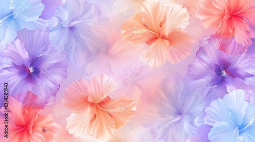 The image displays a soft, dreamy arrangement of hibiscus-like flowers in pastel shades of pink, purple, orange and blue, creating a floral watercolor effect.