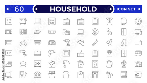 Household appliances outline icon set such as toaster, blender, hairdryer, electric range, video and photo camera.