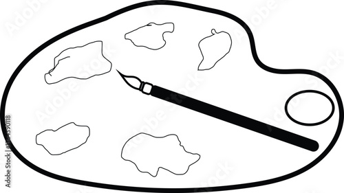 vector illustration of a paint brush and color palate black white line art icon design 