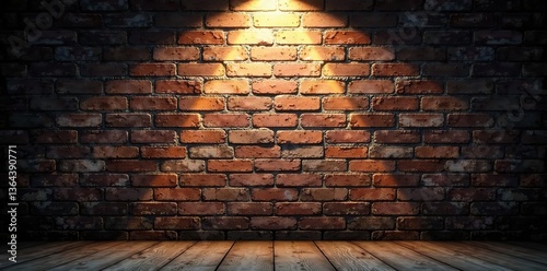Distressed brick wall with grungy texture illuminated by spotlight,  illumination,  shadow