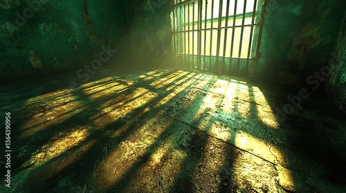 Dramatic interior of a derelict prison cell with sunlight shadows photo