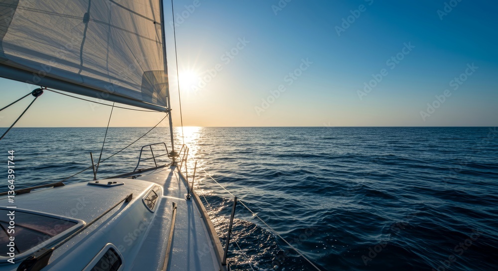 Obraz premium Sailing boat gliding across the ocean at sunset 